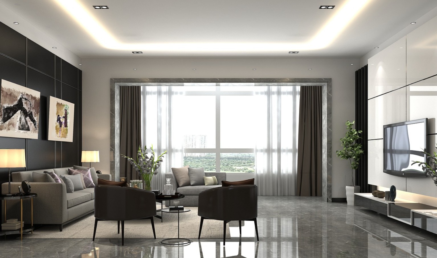 소파 배치의 기본 원칙을 따른 거실