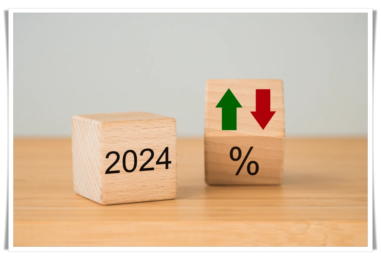 2024-위쪽-녹색-화살표-아래쪽-빨간색-화살표-백분율-기호가-있는-두-개의-나무-블록