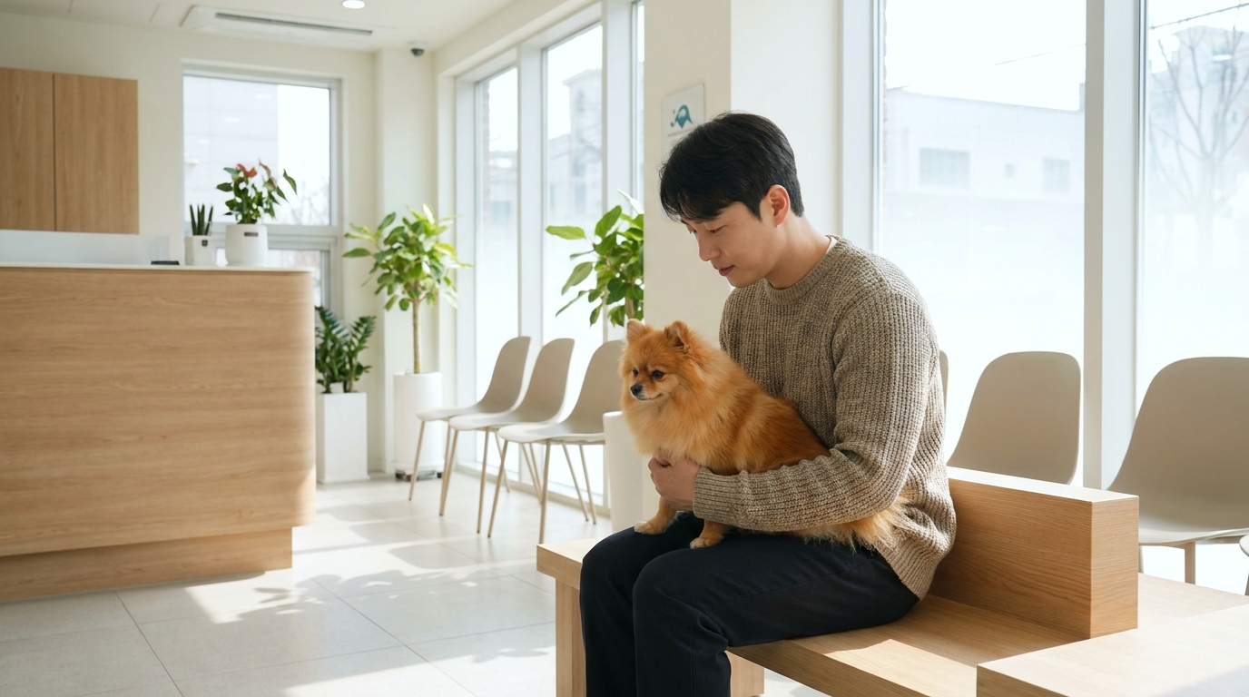 동물병원 대기실에서 기다리는 보호자와 소형견