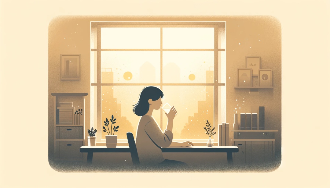 의자에 앉아 물을 마시는 여자 창밖으로 미세먼지로 뿌연 풍경이 보인다