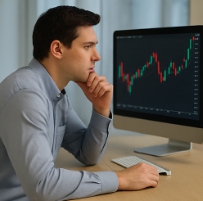 모니터 앞에서 생각하는 남자의 모습