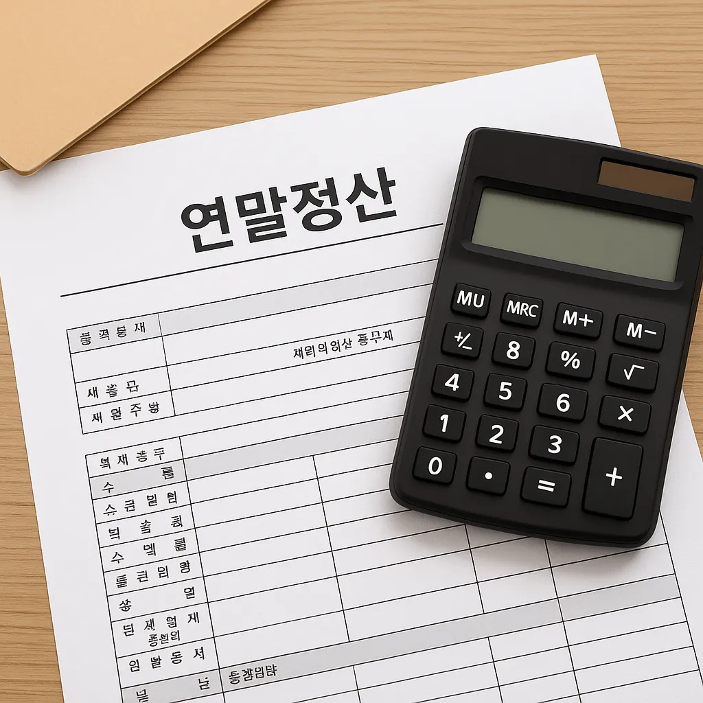 연말정산 서류와 계산기가 책상 위에 놓인 모습