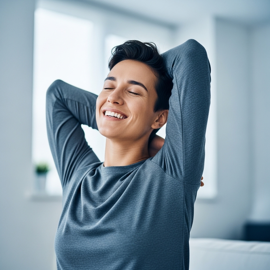 허리 통증을 극복하고 환하게 웃으며 스트레칭하는 건강한 사람의 모습