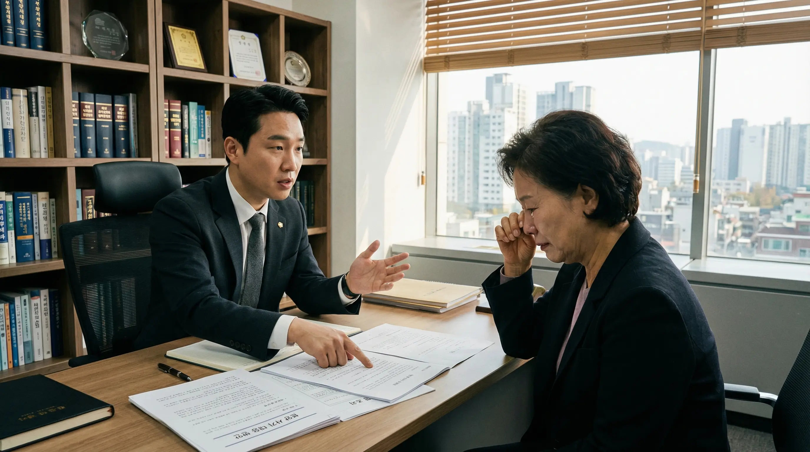 한국인 변호사가 사무실에서 분양 사기 피해자에게 법적 대응 방안을 설명하며 서류를 보여주는 전문적인 분위기