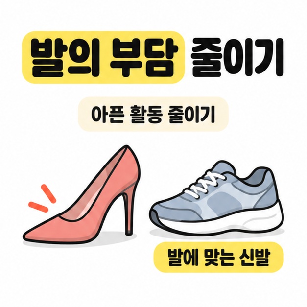 굽이 높은 구두와 운동화를 비교하고 아픈 활동 줄이기 및 발에 맞는 신발 문구를 표시한 생활 관리 안내