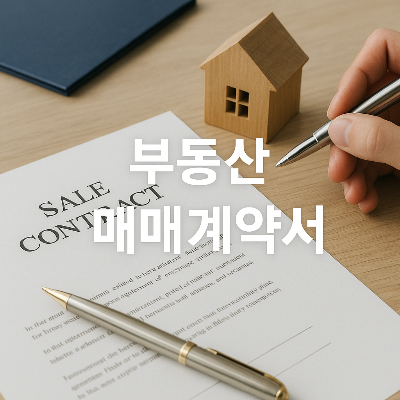 부동산 매매계약서 서명 장면, 계약서와 펜, 목재 집 모형 이미지