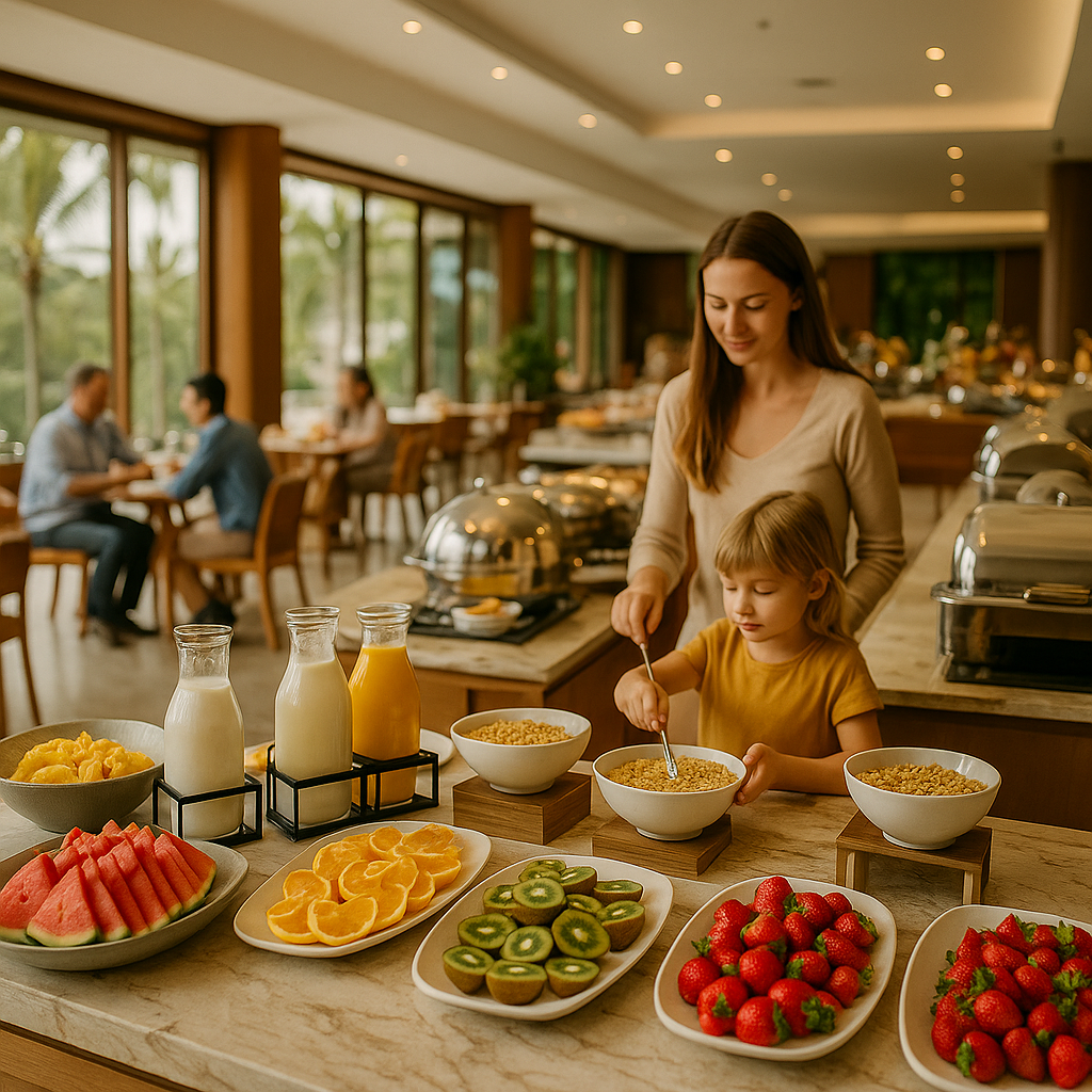 리조트 조식 뷔페의 과일·시리얼·우유 코너에서 선택하는 엄마와 아이