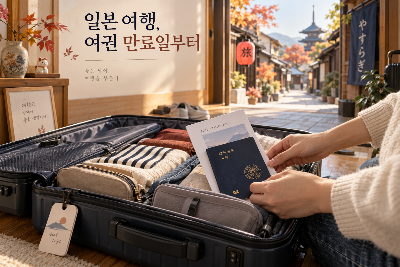 일본 여행을 준비하며 여행가방 옆에 여권과 일정표를 놓은 장면
