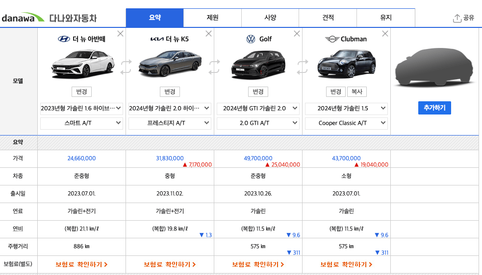 다나와-자동차-모델비교