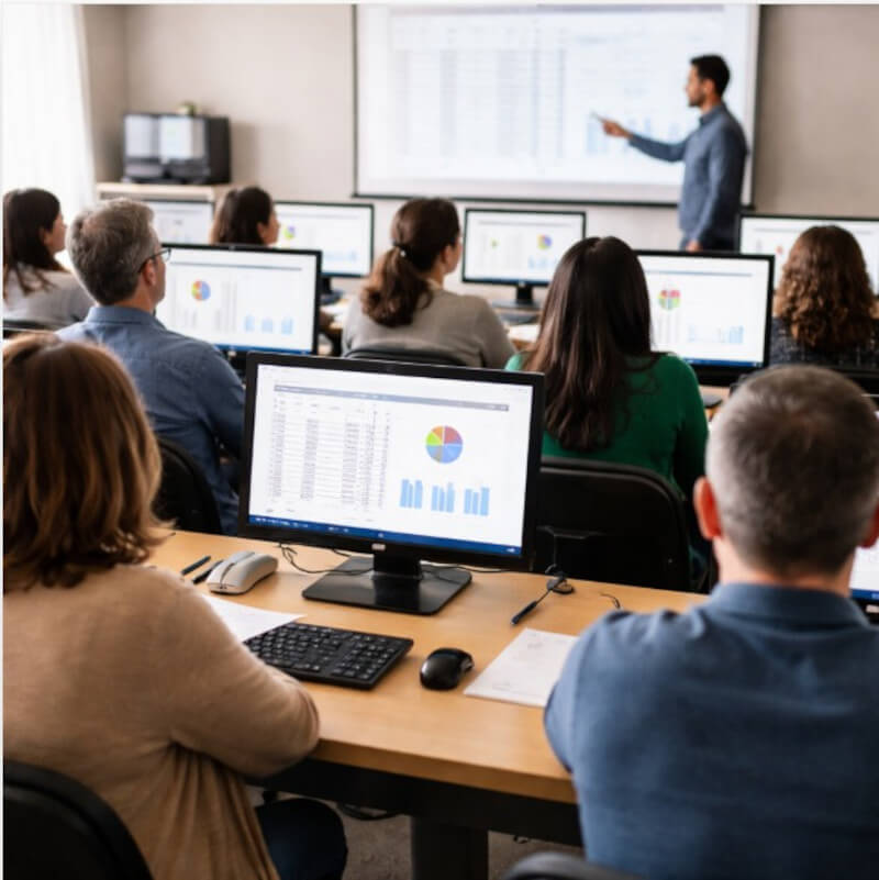 컴퓨터 학원에서 여러 사람이 모니터를 보며 수업을 듣는 장면