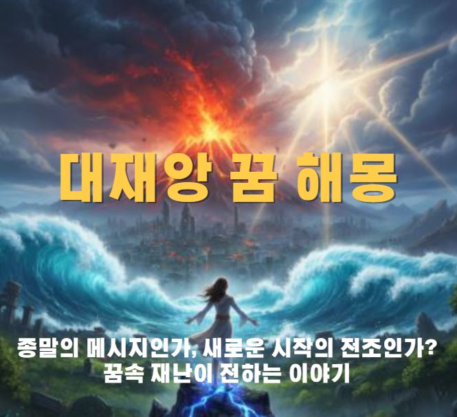 대재앙 꿈 화산폭발, 홍수로 인한 대재앙이 펼쳐지는 광경에 여성이 서있는 장면