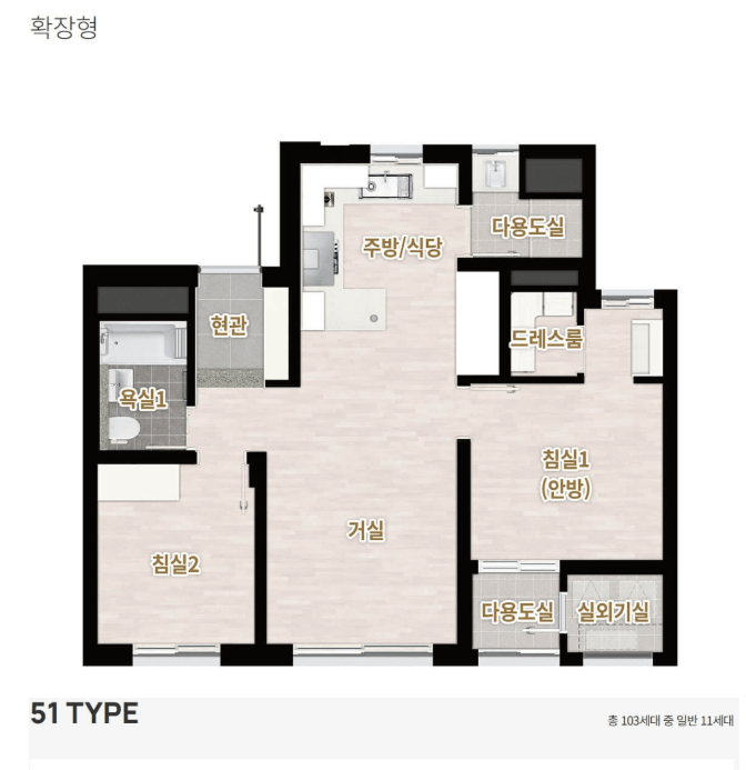 전용 51㎡, 59㎡ 구조 비교 시각자료