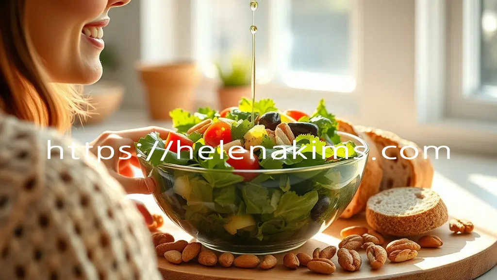 밝은 아침 햇살이 비치는 주방에서, 샐러드에 엑스트라 버진 올리브 오일이 먹음직스럽게 뿌려진 그릇과 통곡물 빵, 견과류 등이 담긴 균형 잡힌 건강한 식단 앞에서 즐거워 하고 있는 여성 모습.