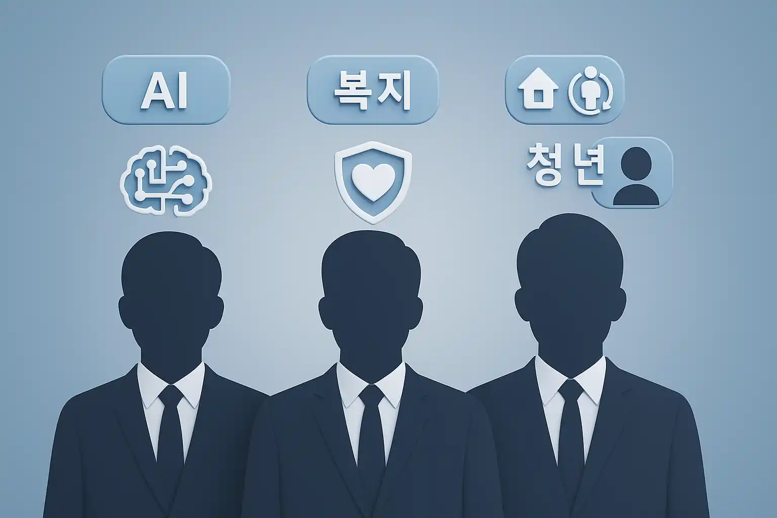 대선 후보 3명이 정책 아이콘과 함께 서 있는 3D 일러스트 이미지: AI, 복지, 청년 주거 정책을 상징하는 아이콘이 각 인물 위에 배치됨