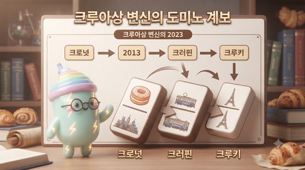 3D 쫀쿠가 '페이스트리 계보학 연구소'에서 거대한 도미노 블록을 세우고 있습니다. 첫 번째 도미노는 '크로넛(2013, 뉴욕)'이고, 그 뒤로 '크러핀(2013, 멜버른)'이 쓰러지며 마지막으로 '크루키(2023, 파리)' 블록을 향해 달려갑니다. 각 변형 빵의 특징적인 모양이 입체적인 도미노 조각으로 시각화되었습니다.