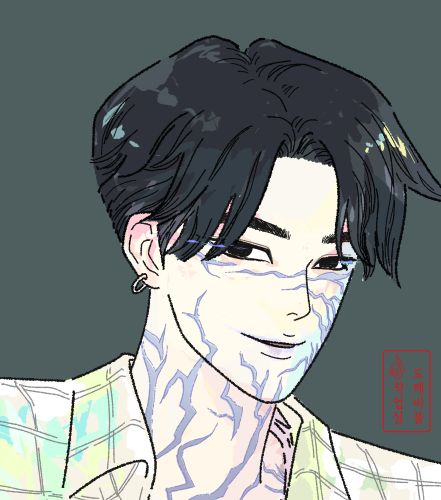 케이팝 데몬 헌터스의 사자 보이즈 멤버인 진우의 색칠도안 색칠버전 얼굴 클로즈업