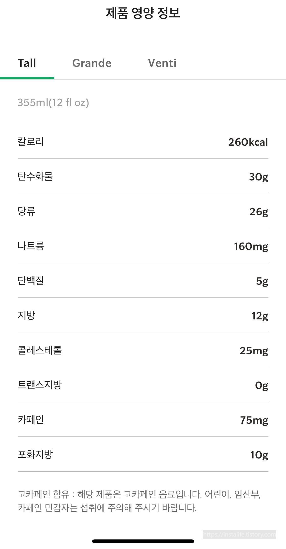  [아이스 블랙 글레이즈드 라떼] 제품 영양 정보/