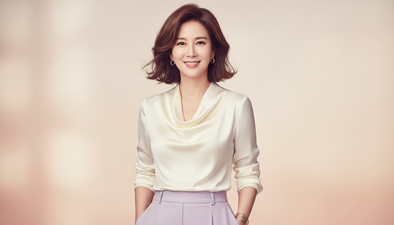 50대 여성이 김혜수처럼 세련된 중단발 레이어드컷을 하고 환하게 웃고 있는 모습, 자신감 넘치는 분위기.