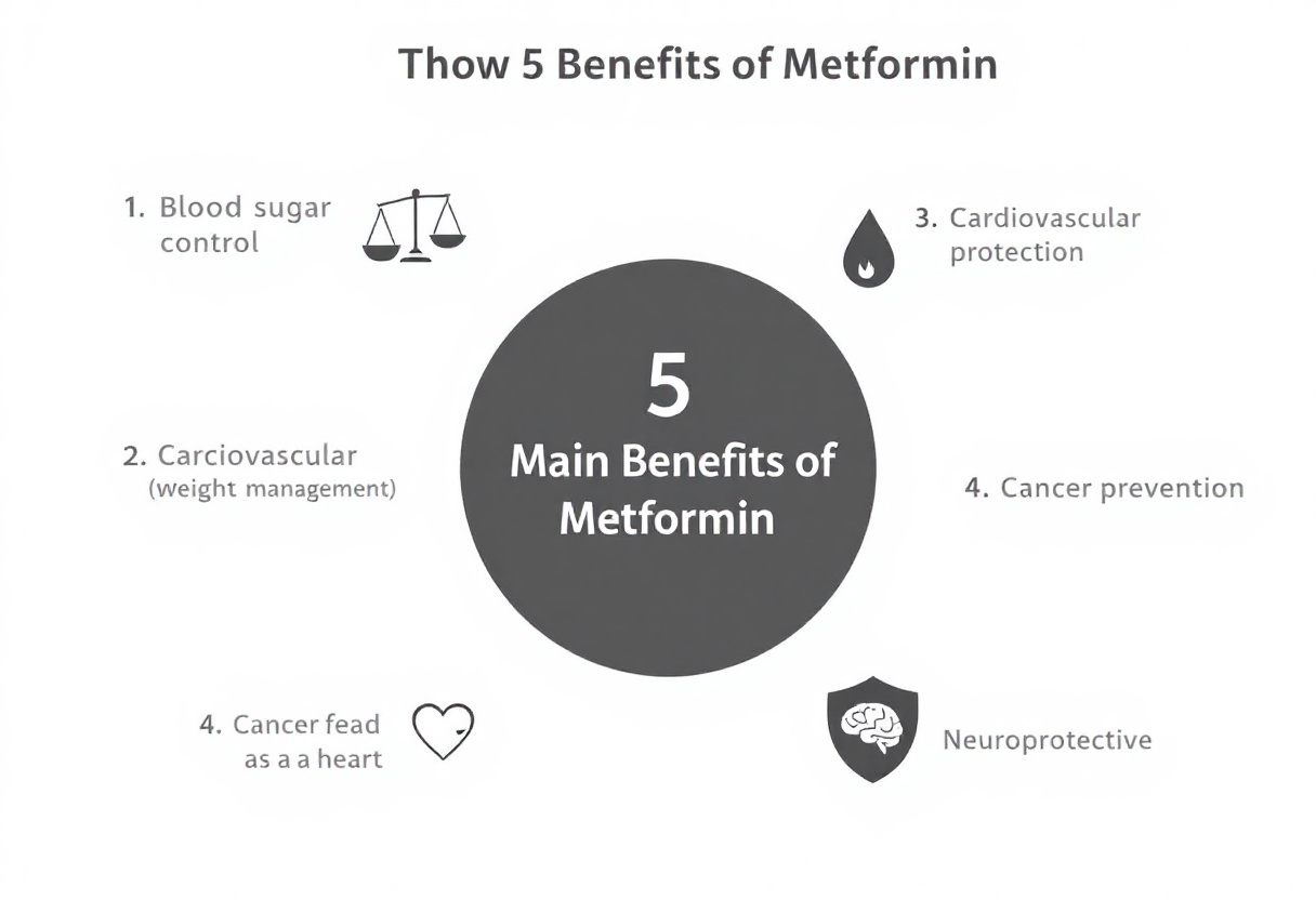 메트포르민의 주요 장점 5가지를 시각적으로 정리한 인포그래픽"