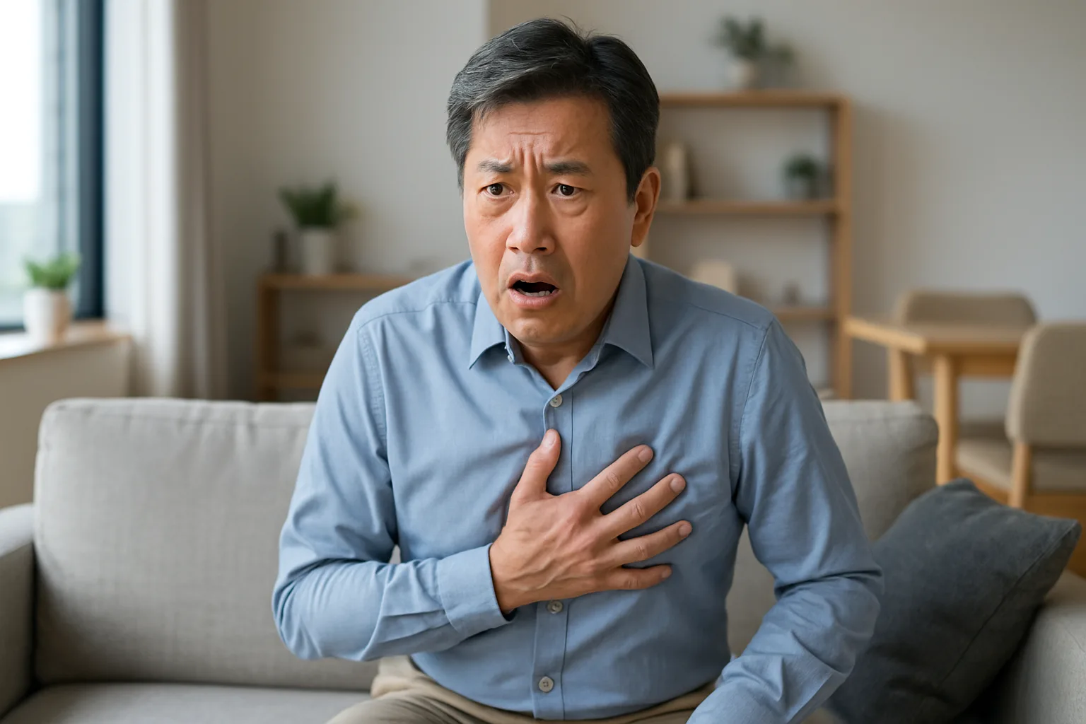 왼쪽 가슴을 움켜쥐며 놀란 표정을 짓는 중년 남성
