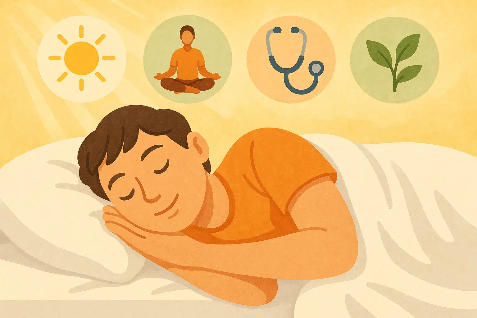 평온하게 잠든 사람, 머리맡에는 원인을 해결한 긍정적 아이콘(햇살, 마음 안정, 건강검진, 건강한 생활습관)