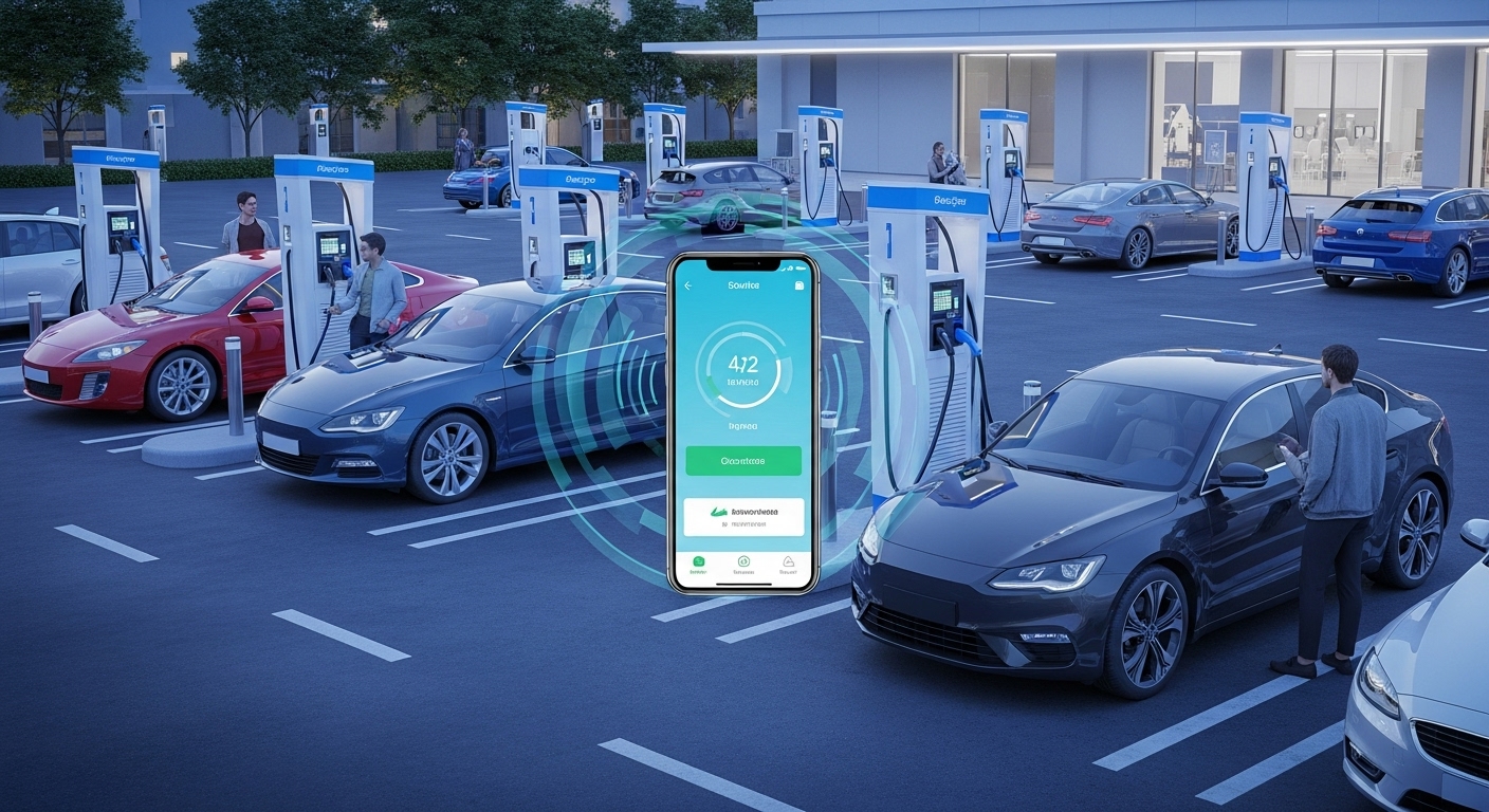 다양한 전기차들이 충전 중인 현대적인 전기차 충전소, 스마트 기술이 돋보이는 모습