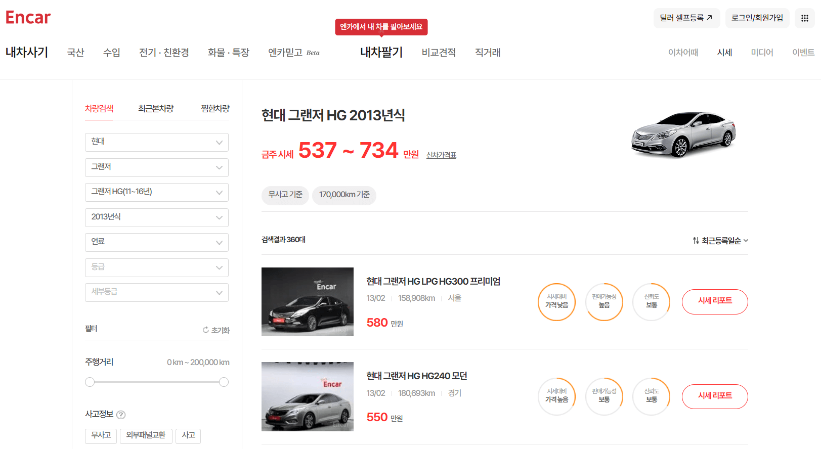 중고 자동차 시세표 조회