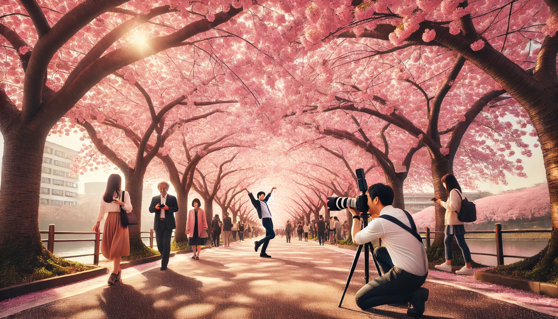 벚꽃길에서 사진을 찍는 여행자