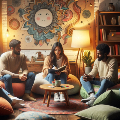 여러 사람이 꿈에 대해 이야기하는 모습입니다. 편안한 공간에서 앉아 서로 책을 읽고 이야기하고 있습니다.