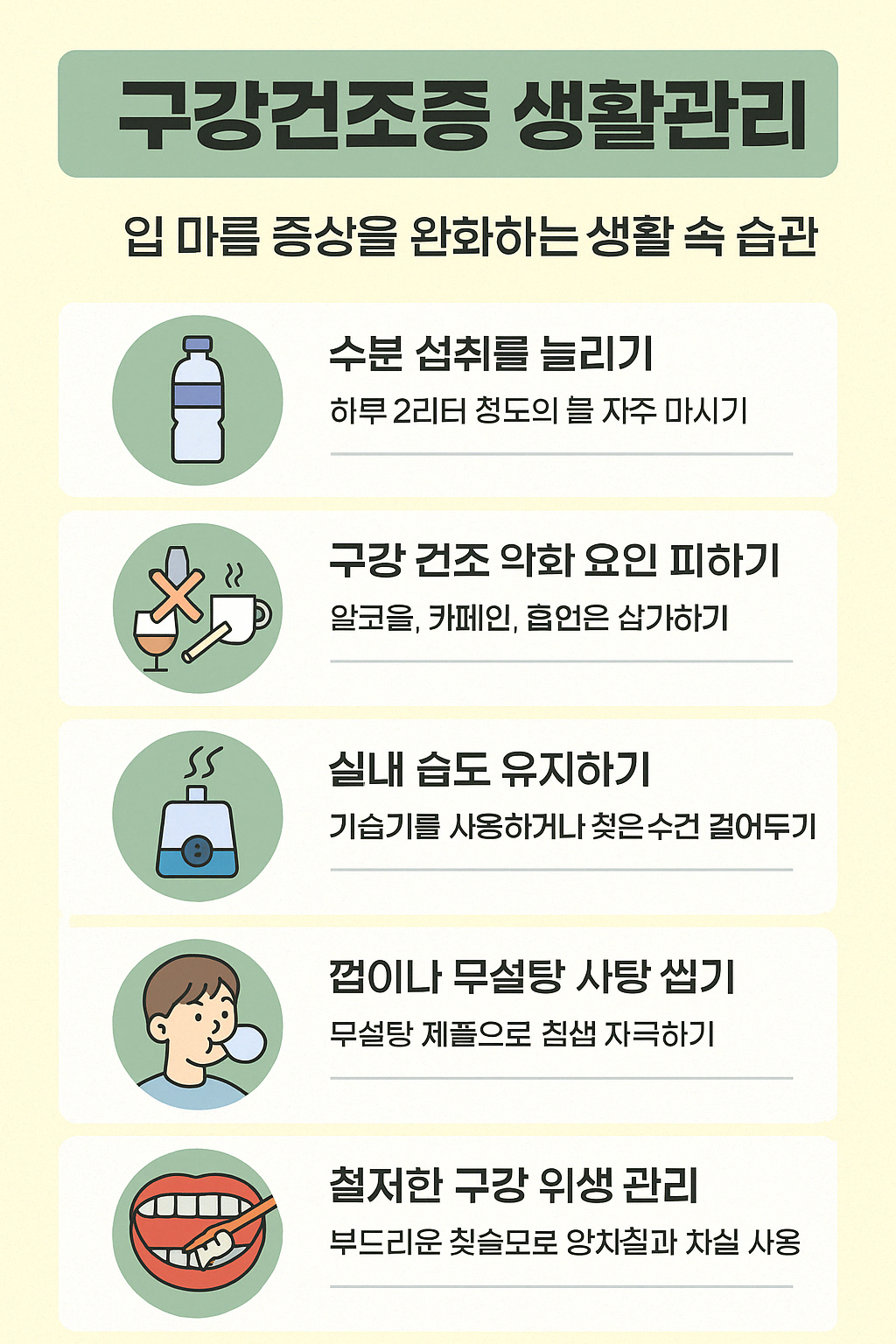 2025년 기준 구강건조증(입 마름)을 관리하기 위한 다섯 가지 생활 속 습관을 제시한 인포그래픽 이미지로, 수분 섭취, 구강 자극 요인 회피, 실내 습도 유지, 무설탕 껌 활용, 구강 위생 강화 등의 팁이 아이콘과 함께 직관적으로 표현됨