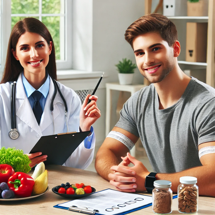 의료 전문가가 환자에게 식단 제한에 대해 설명하는 장면