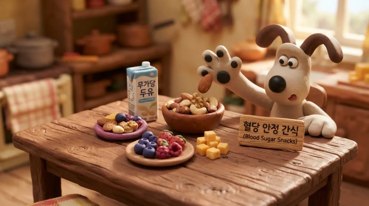 혈당 변동을 방지하고 공복 예민함을 줄여주는 견과류, 무가당 두유, 베리류, 치즈 등 건강한 간식 옵션을 한눈에 비교한 클레이 애니메이션 인포그래픽