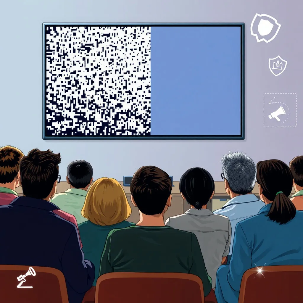 TV 화면 앞에서 다양한 연령대의 사람들이 각기 다른 표정으로 앉아있습니다. TV 화면에는 혼란스러운 노이즈가 있거나, 아니면 매우 명료한 이미지가 있어 극명한 대조를 이룹니다. 시청자의 권리를 상징적으로 보여짐