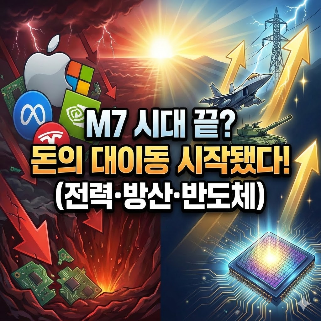 빅테크 M7 기업들의 주가 하락과 대조적으로 전력, 방산, 반도체 산업이 새로운 투자 기회로 떠오르는 모습을 표현한 블로그 썸네일 이미지
