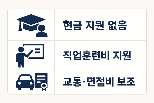 취준생 정부지원금 국민취업지원제도 2유형 인포그래픽 이미지로 현금 지원 대신 직업훈련비, 교통비, 면접비 등 다양한 보조 혜택을 제공함을 안내