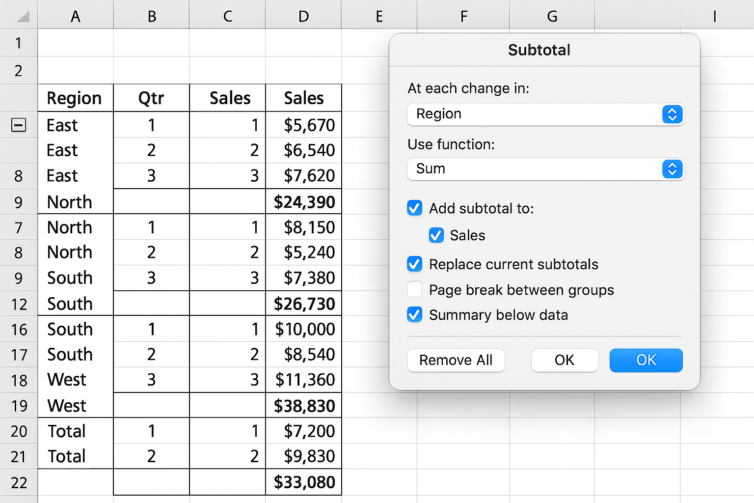 그룹화와 부분합 기능 단축키 관련 사진