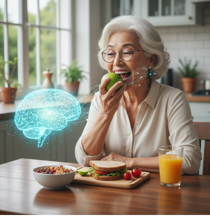 건강한 치아로 음식을 즐기며 뇌 활력을 유지하는 시니어의 모습으로, 저작 활동(씹는 힘)과 인지 건강의 상관관계를 상징함