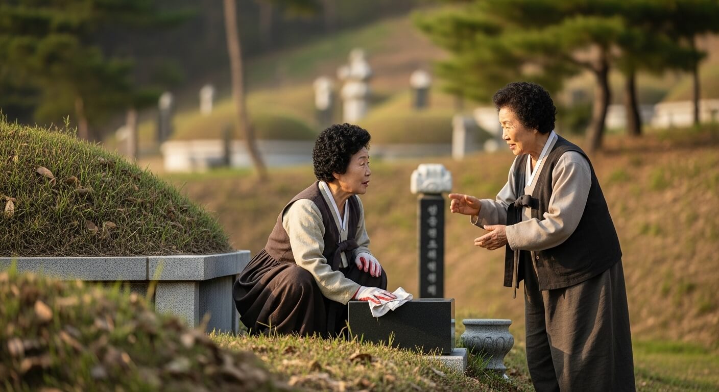 한복을 입은 두 여성이 묘소 앞에서 대화하는 모습