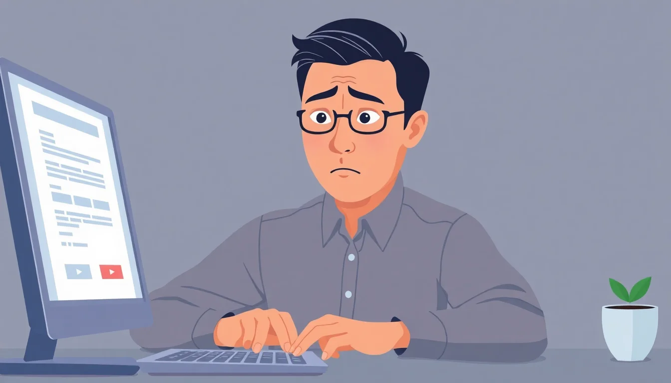 안경 낀 남자가 컴퓨터를 보며 난감해하는 모습