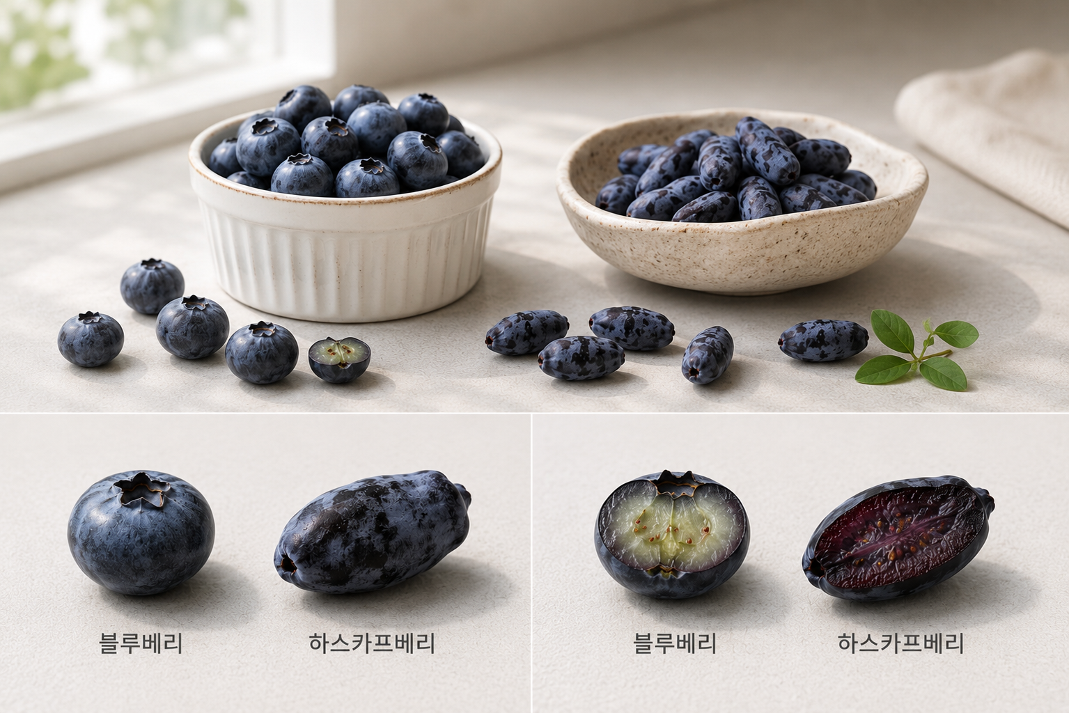 블루베리와 하스카프베리를 나란히 놓고 크기와 모양을 비교한 사진