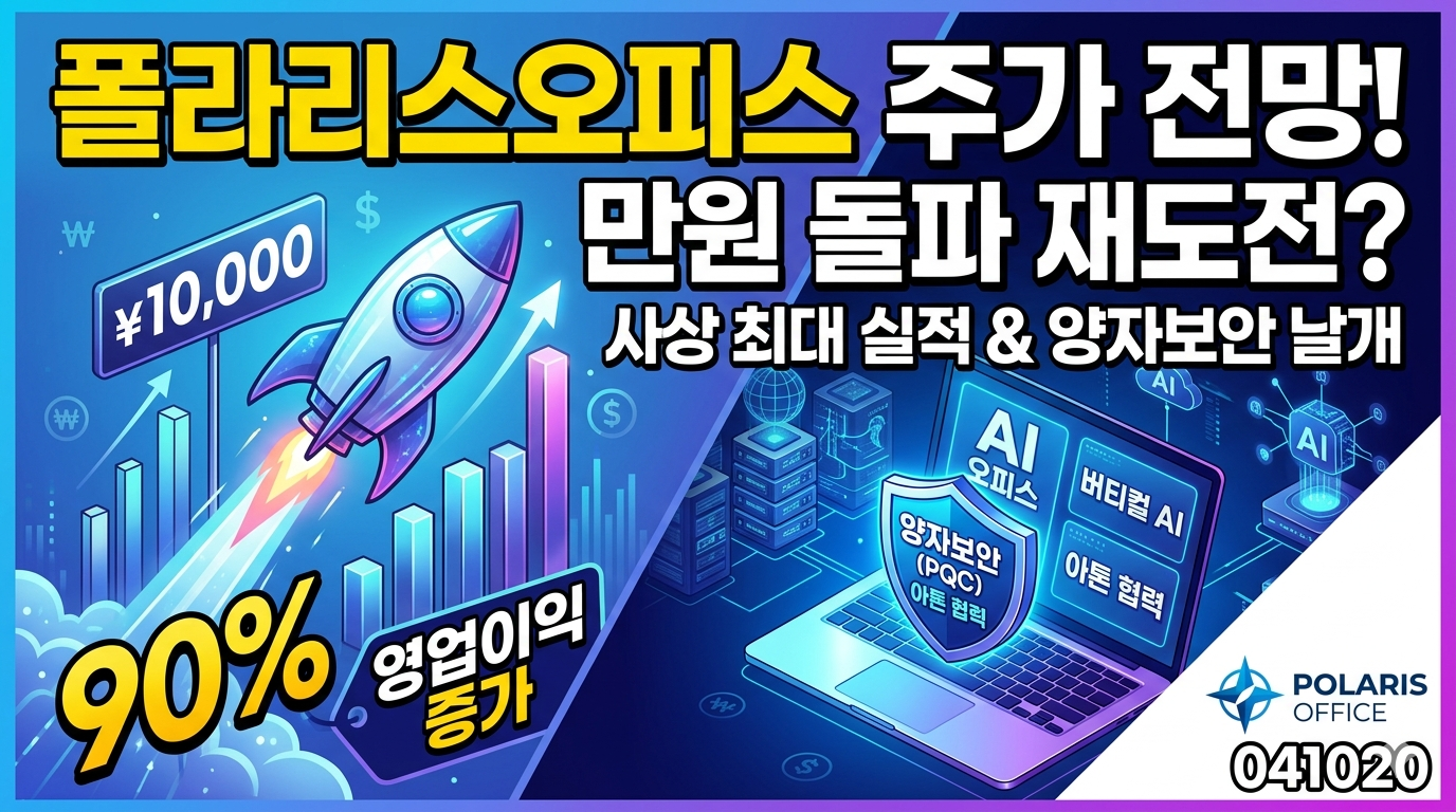 이 이미지는 폴라리스오피스(041020)의 주가 전망을 주제로 한 유튜브 썸네일입니다. 파란색과 보라색 톤의 역동적인 배경에 "폴라리스오피스 주가 전망! 만원 돌파 재도전?"이라는 큰 제목과 "사상 최대 실적 &amp; 양자보안 날개"라는 소제목이 한글로 쓰여 있습니다. 왼쪽에는 "90% 영업이익 증가"라는 글자와 함께 위로 치솟는 로켓과 상승하는 막대그래프가, 오른쪽에는 "AI 오피스", "버티컬 AI", "양자보안 (PQC)", "아톤 협력"이라고 적힌 노트북과 방패 아이콘이 그려져 있어 실적 성장과 기술력을 시각적으로 표현했습니다. 오른쪽 하단에는 폴라리스오피스 로고와 종목 코드 "041020"이 위치합니다.