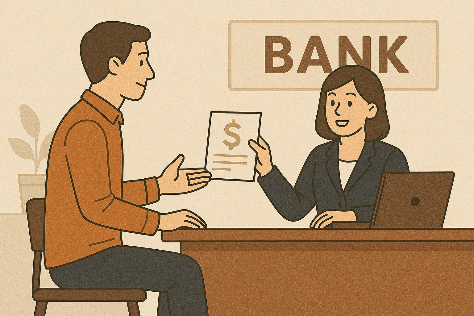 은행 대출 상담 일러스트 - 고객이 은행 상담원과 마주 앉아 대출 서류를 보며 상담하는 장면