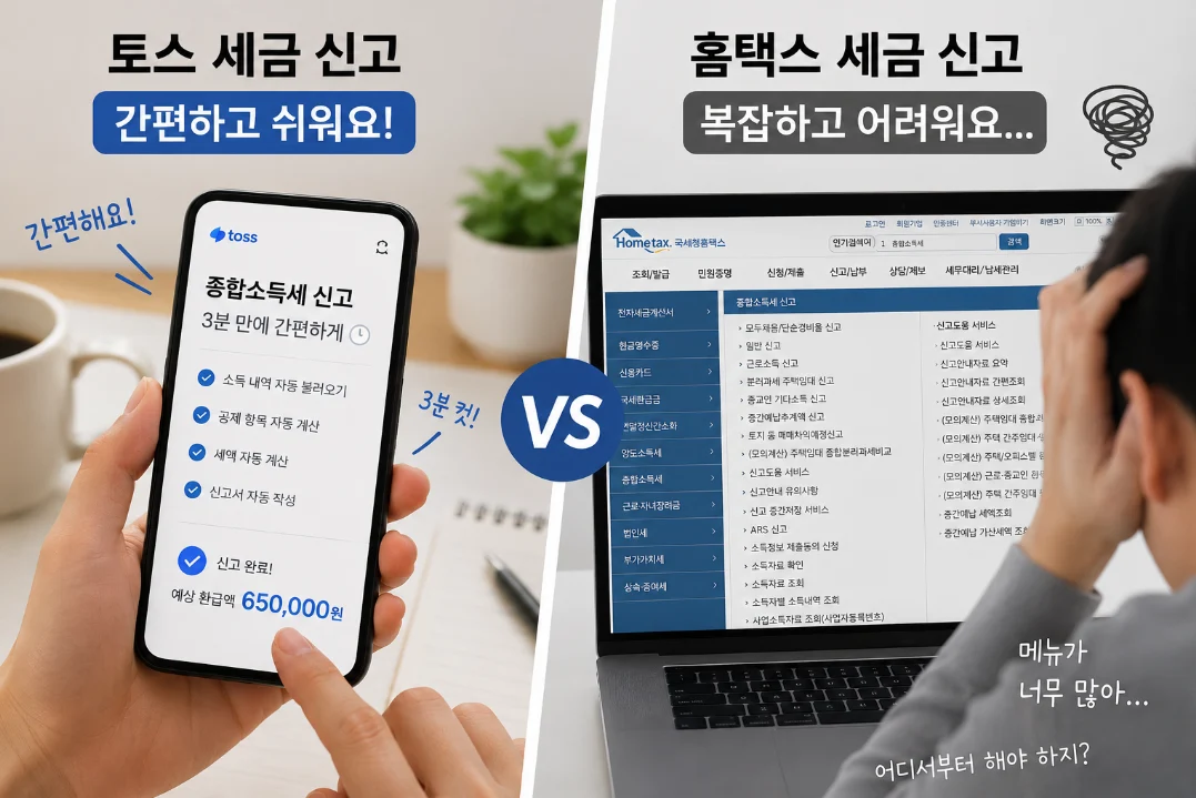 간편한 토스 세금 신고 앱과 복잡해 보이는 홈택스 웹사이트 화면을 비교하는 그림. 스마트폰으로 쉽게 세금을 신고하는 모습이 강조되어 있습니다.
