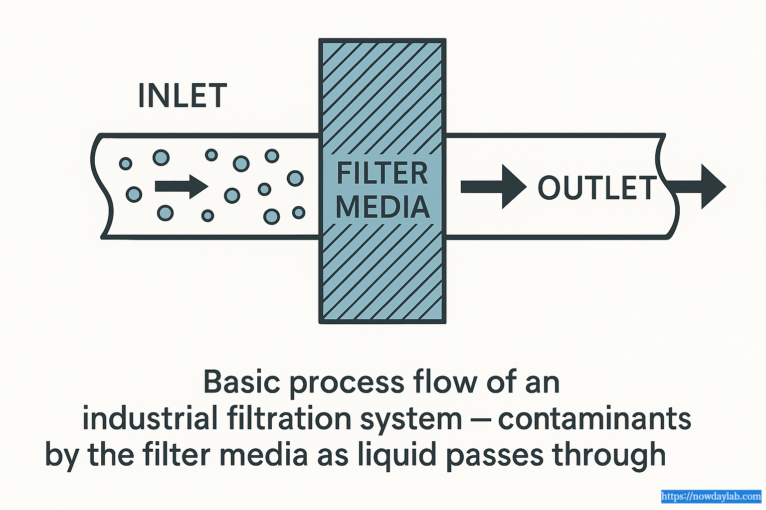 Basic diagram showing how industrial filtration works with inlet, filter media, and outlet