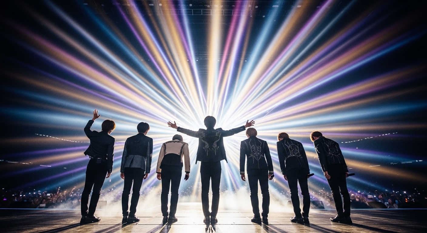 공연을 마치고 관객들에게 인사하는 아티스트들의 뒷모습과 화려한 조명 이미지