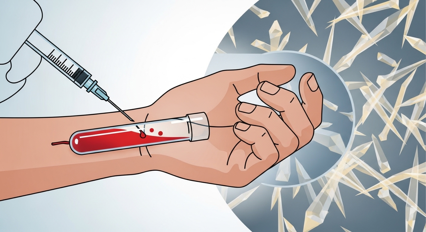 요산 수치 확인을 위한 혈액 검사 장면과 현미경으로 본 요산 결정체 이미지.