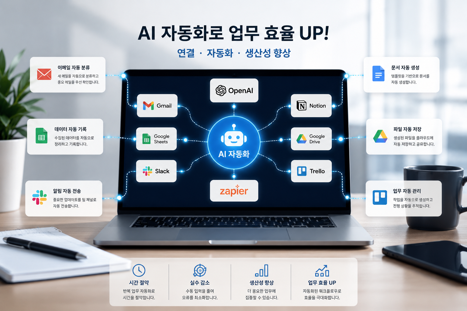 AI 자동화 툴이 연결된 디지털 업무 환경