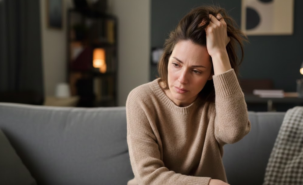 여성호르몬의 변화로 힘들어 하는 여성