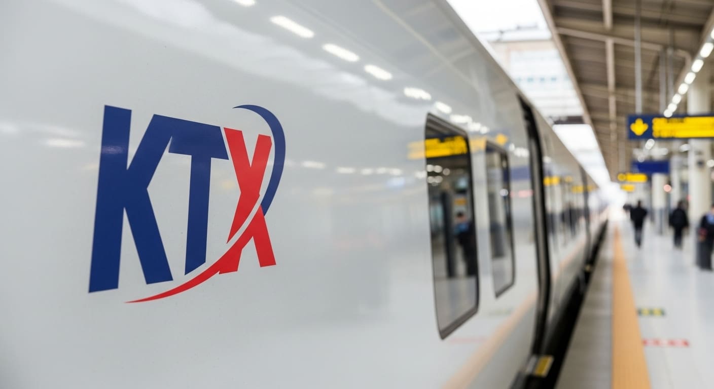 역사 승강장에 정차한 KTX 열차 측면 로고 클로즈업
