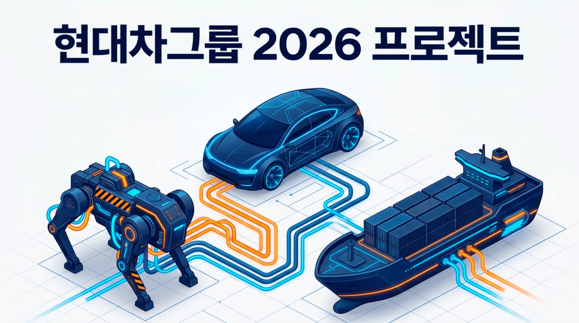 '현대차그룹 2026 프로젝트' 문구가 담긴 대표 이미지로, 로봇과 미래형 자동차, 컨테이너 물류선이 네온 회로로 연결된 일러스트. 보스턴다이내믹스 로봇·완성차·현대글로비스 물류를 상징하며, 현대차·기아·현대글로비스 세 종목을 지분과 지배구조 관점에서 묶어 분석하는 현대차그룹주 블로그 글의 주제를 시각적으로 전달함